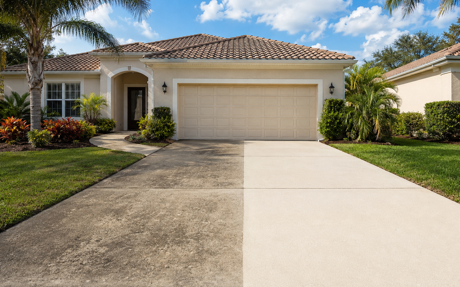 Cleaned concrete driveway