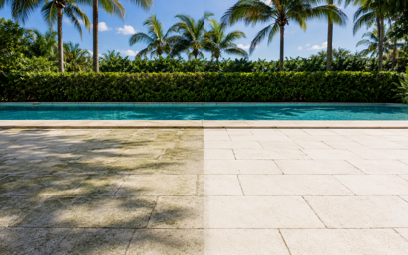 Before and after pool deck pressure washing