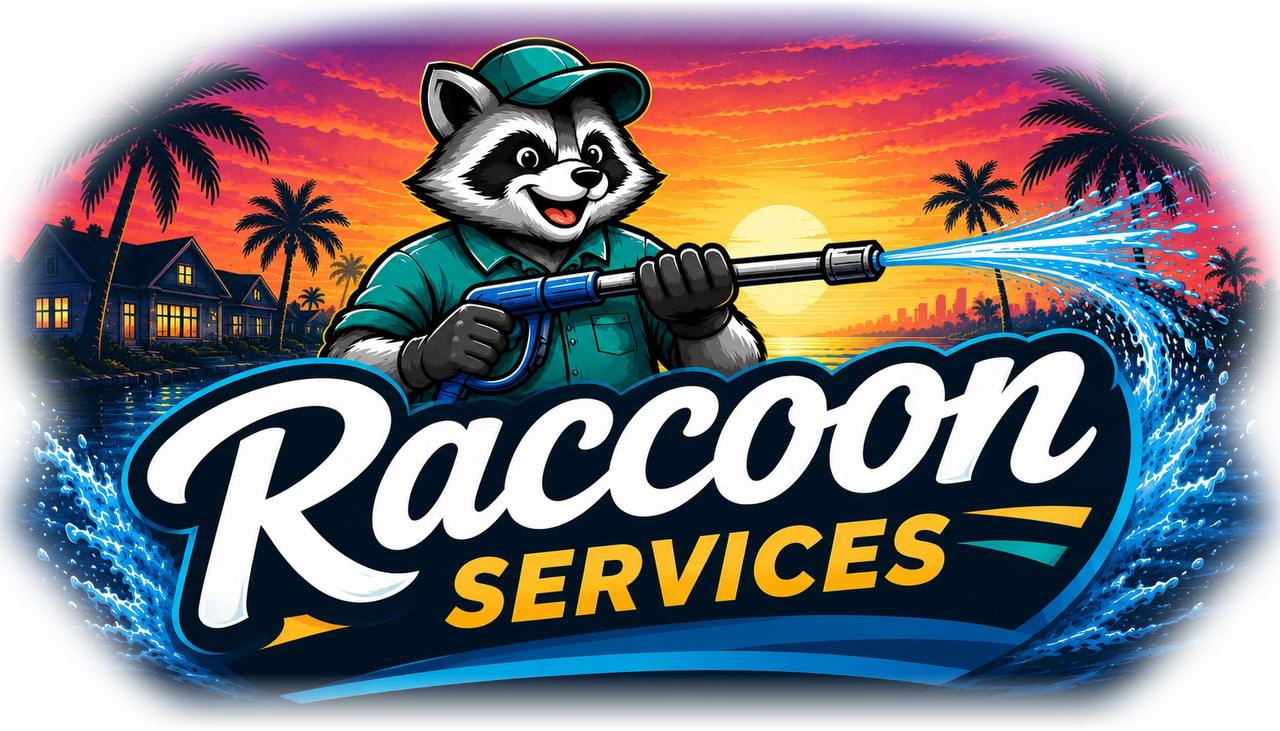 Raccoon Services brand artwork with a raccoon pressure-washing at a Florida sunset