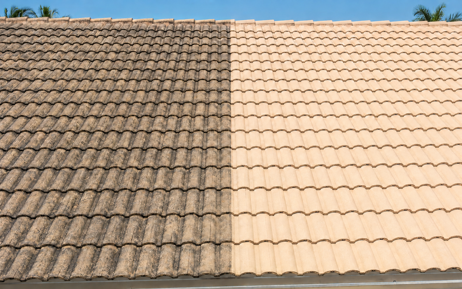 Before and after tile roof soft washing