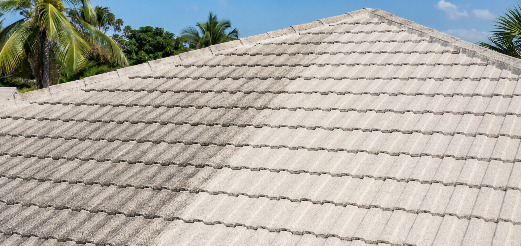 Florida tile roof with organic buildup beside a clean soft-washed finish