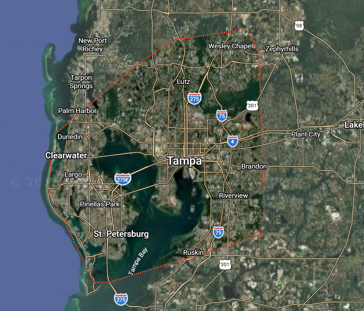 Google satellite map of the Raccoon Services coverage area around Tampa Bay